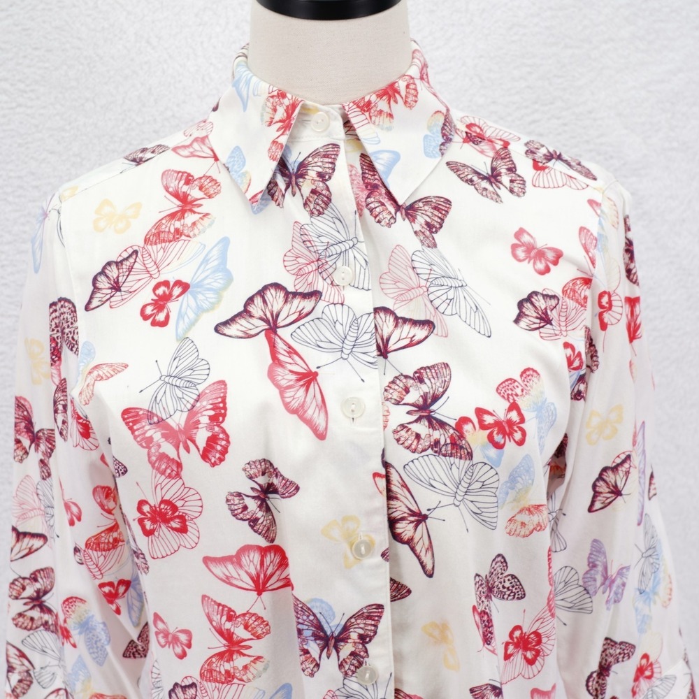 Foxcroft NYC White Red Women's Butterly Collared Button Fornt Shirt Top 6P Petit